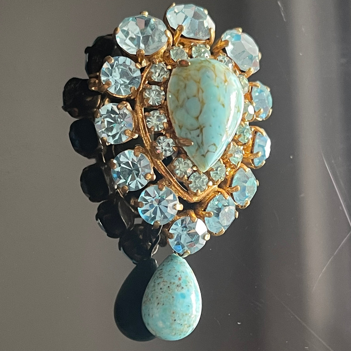 Broche Vintage Années 50/60 Cabochon Verre Taillé Bleu Marbré Doré - Très Bon état Générique