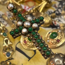 Load image into Gallery viewer, Beautiful vintage cross pendant signed Henry, patinated bronze with glass cabochons
