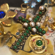 Load image into Gallery viewer, Beautiful vintage cross pendant signed Henry, patinated bronze with glass cabochons