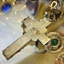 Load image into Gallery viewer, Beautiful vintage cross pendant signed Henry, patinated bronze with glass cabochons