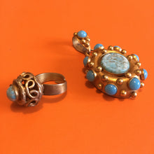 Load image into Gallery viewer, HENRY, vintage couture ring in gilded bronze and turquoise glass cabochon