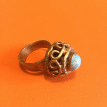Load image into Gallery viewer, HENRY, vintage couture ring in gilded bronze and turquoise glass cabochon