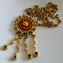 Charger l'image dans la galerie, Spectaculaire collier motif soleil en résine dorée et colorée signées TMB, circa 90s
