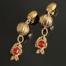 Load image into Gallery viewer, Long vintage-style dangling fish-pattern clip-on earrings in gold-tone metal with red rhinestones
