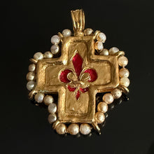 Load image into Gallery viewer, Pendentif vintage couture croix en métal doré émaillé par JL Scherrer
