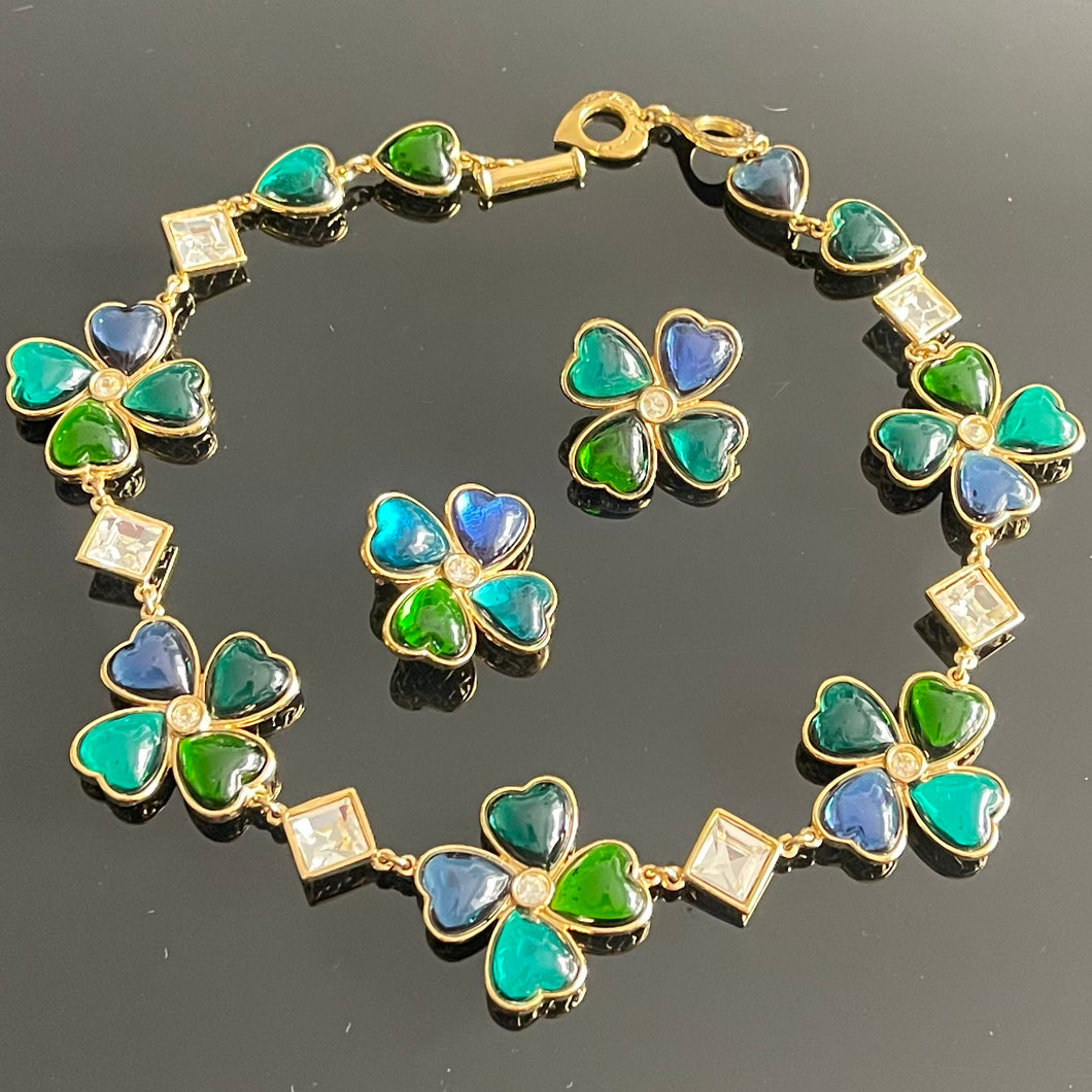Sublime parure vintage couture YSL par Goossens Trefles à quatre feuilles résine et strass