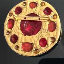 Load image into Gallery viewer, Beautiful vintage couture brooch in gold metallic resin and red resin cabochons by Kalinger
