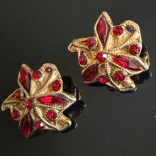Load image into Gallery viewer, Vintage flower clip-on earrings in gold resin and red stones, signed Kalinger
