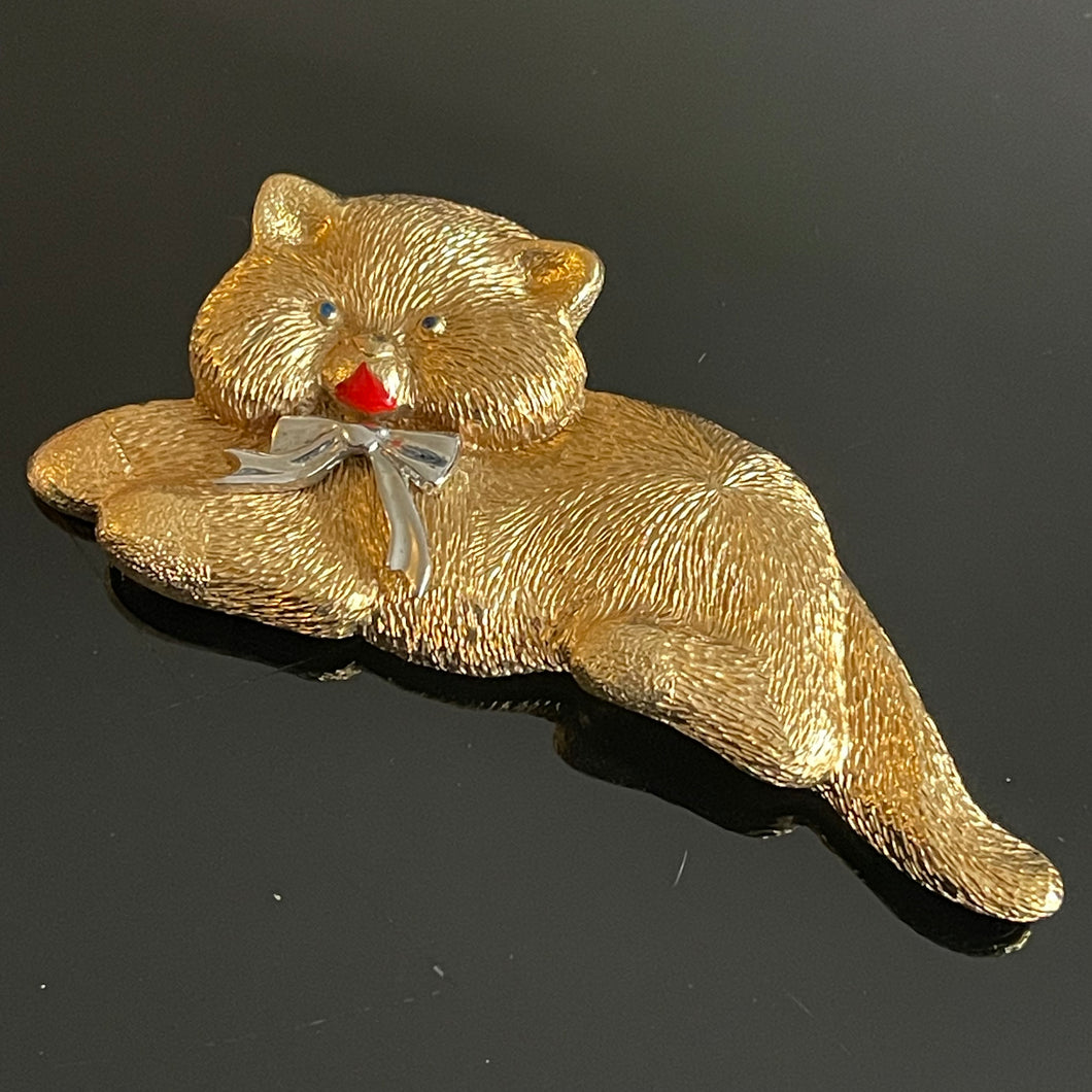 Belle et grande broche chat vintage signée Gontie