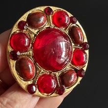 Load image into Gallery viewer, Beautiful vintage couture brooch in gold metallic resin and red resin cabochons by Kalinger
