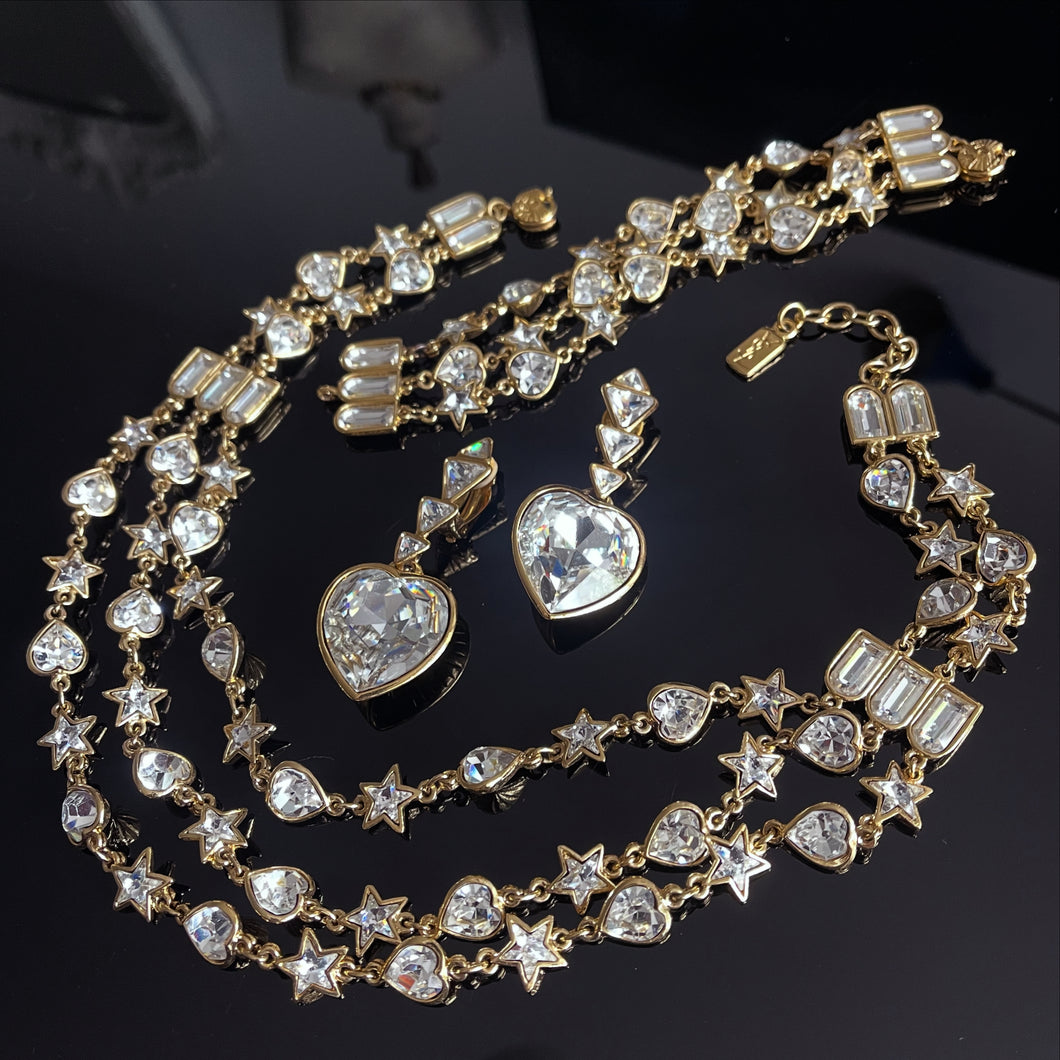 Rare set vintage couture YSL par Goossens, cœurs et étoiles en cristal de Swarovski