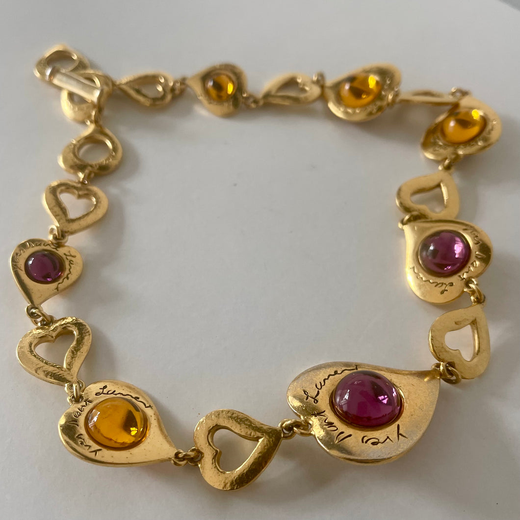 YSL par Goossens, très joli collier en métal doré et cabochons de verre