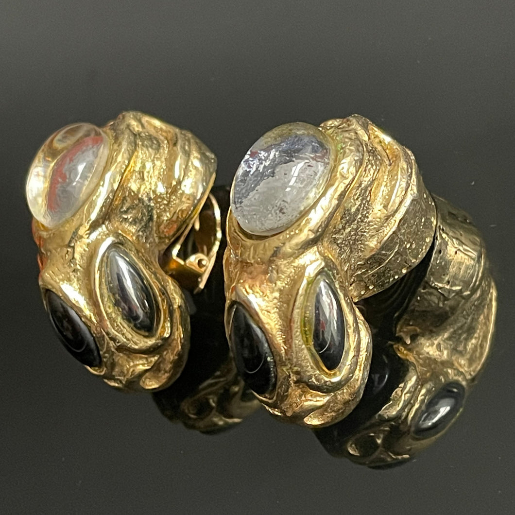 Kalinger, belles boucles clips créoles escargots en résine dorée avec cabochons de verre