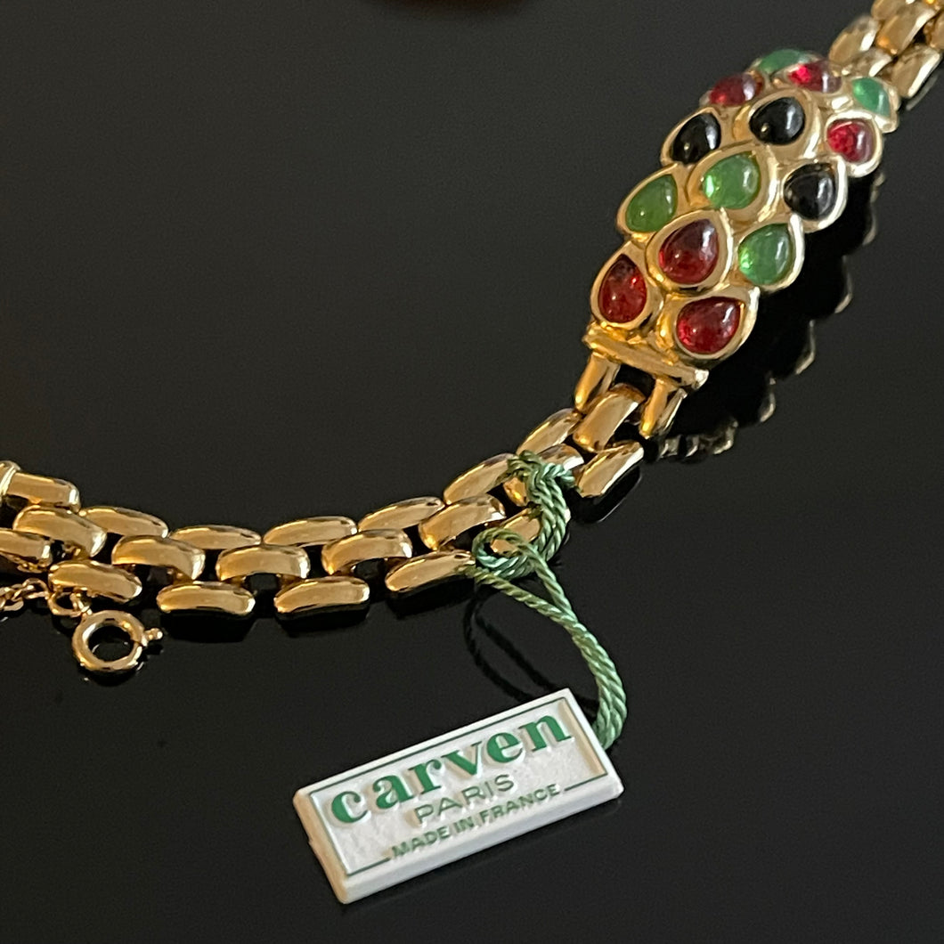 Carven, sublime bracelet vintage en métal doré et cabochons de verre