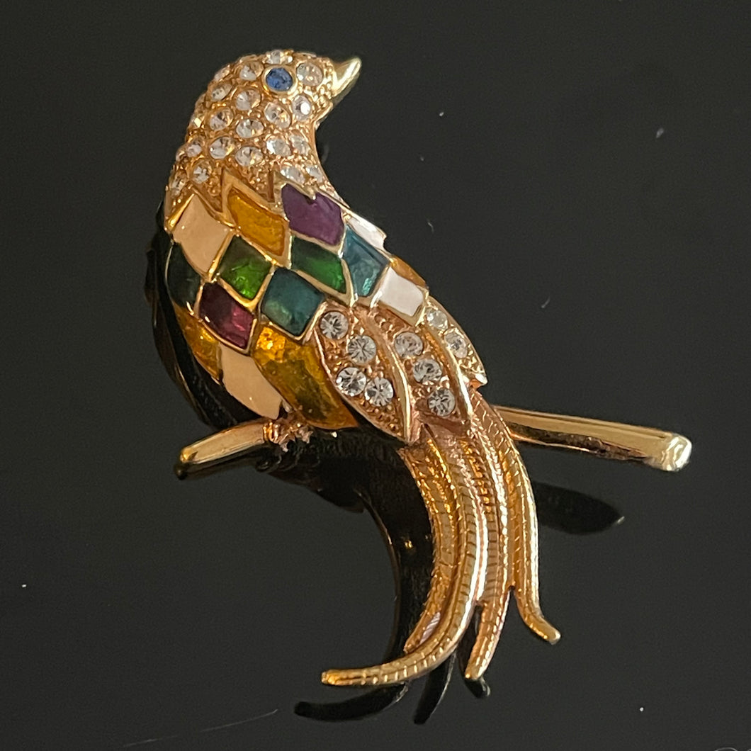 Carven, broche vintage oiseau en métal doré et émail de couleur